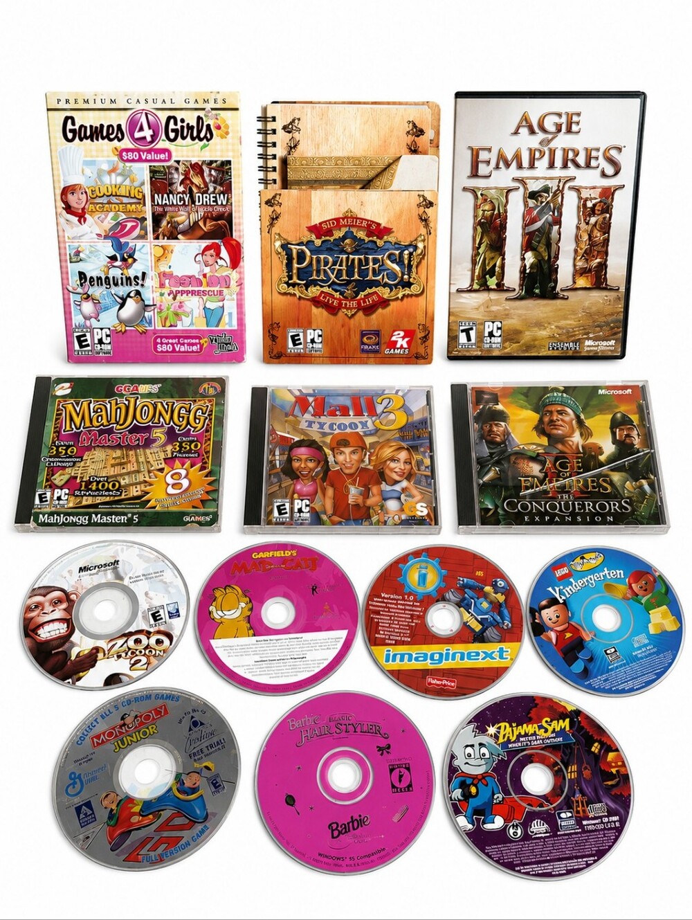 Large Lot Vintage Used PC Computer Games -Mall Tycoon, Age Of Empires, Barbie+